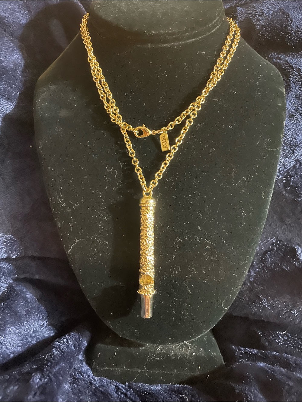 Etched Filigree Vintage Style Whistle Pendant Necklace 30" By 1928